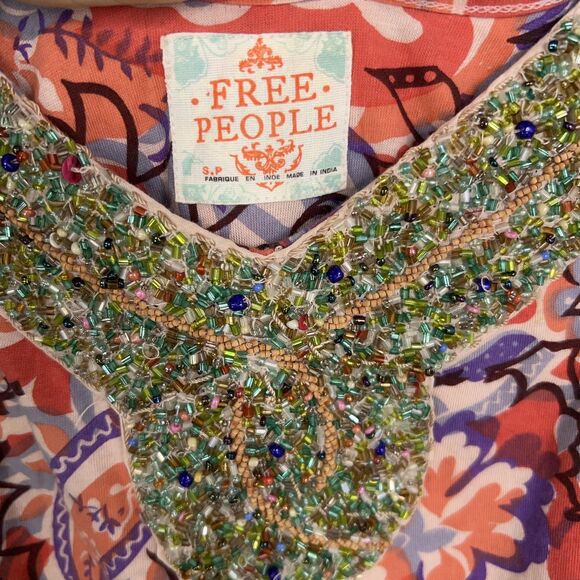 Free People Dress Women Small Red Boho Floral Beaded Jewel Tiered Coastal Resort - Picture 7 of 16